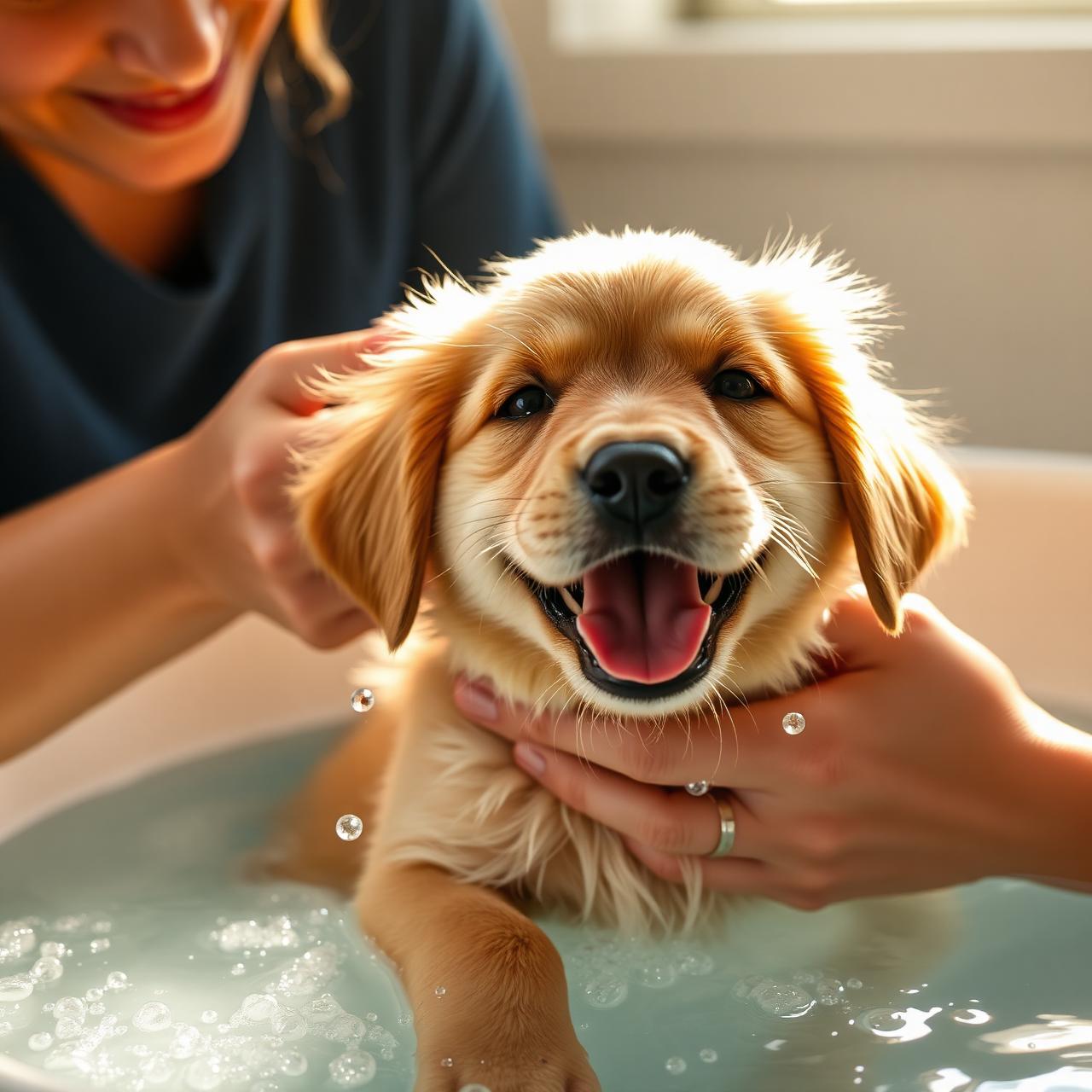 Pet parent gently bathing a happy puppy